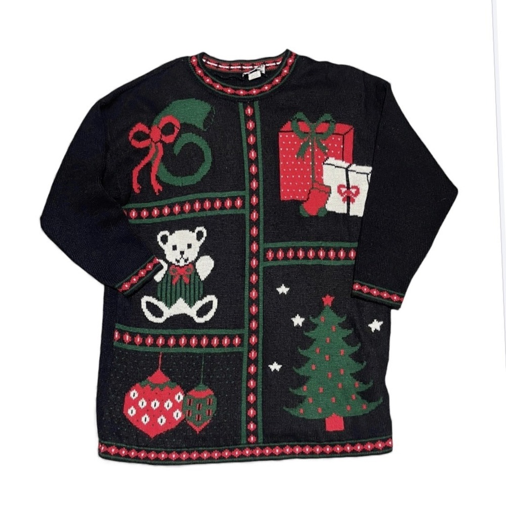 VTG Private Eye CHRISTMAS PARTY SWEATER Black/Red/Green TREE ORNAMENTS BEAR sz M